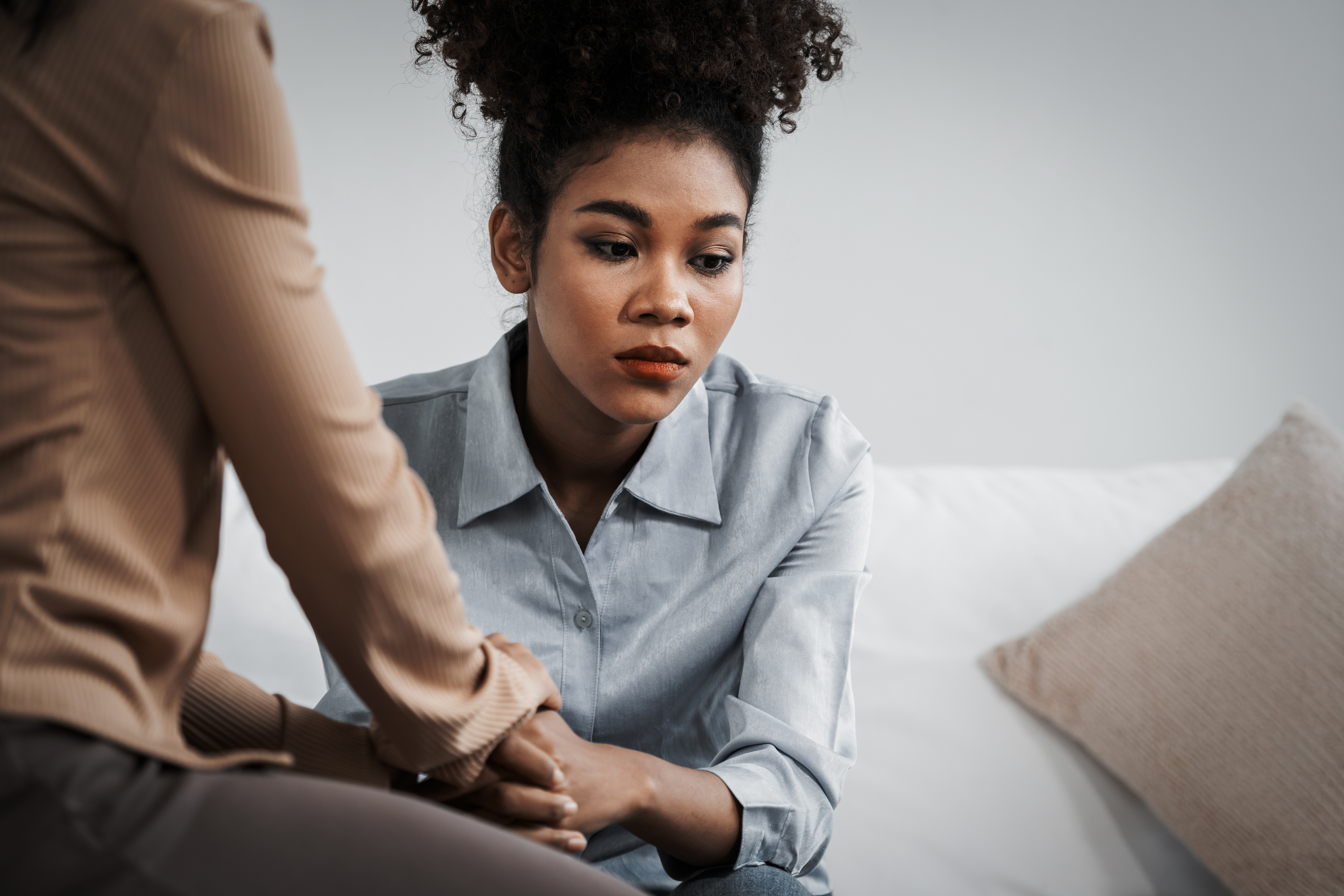 Sad Ptsd Woman Patient In Crucial Therapy For Mental Health With Psychologist Balance Mental Health Addiction Treatement MA 14